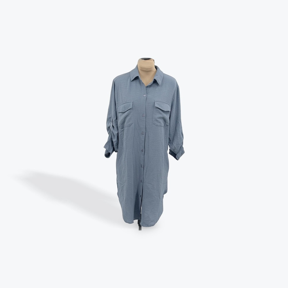 Time to Bloom Blue Textured Pocket Long Sleeve Shirt‎ Dress Size S